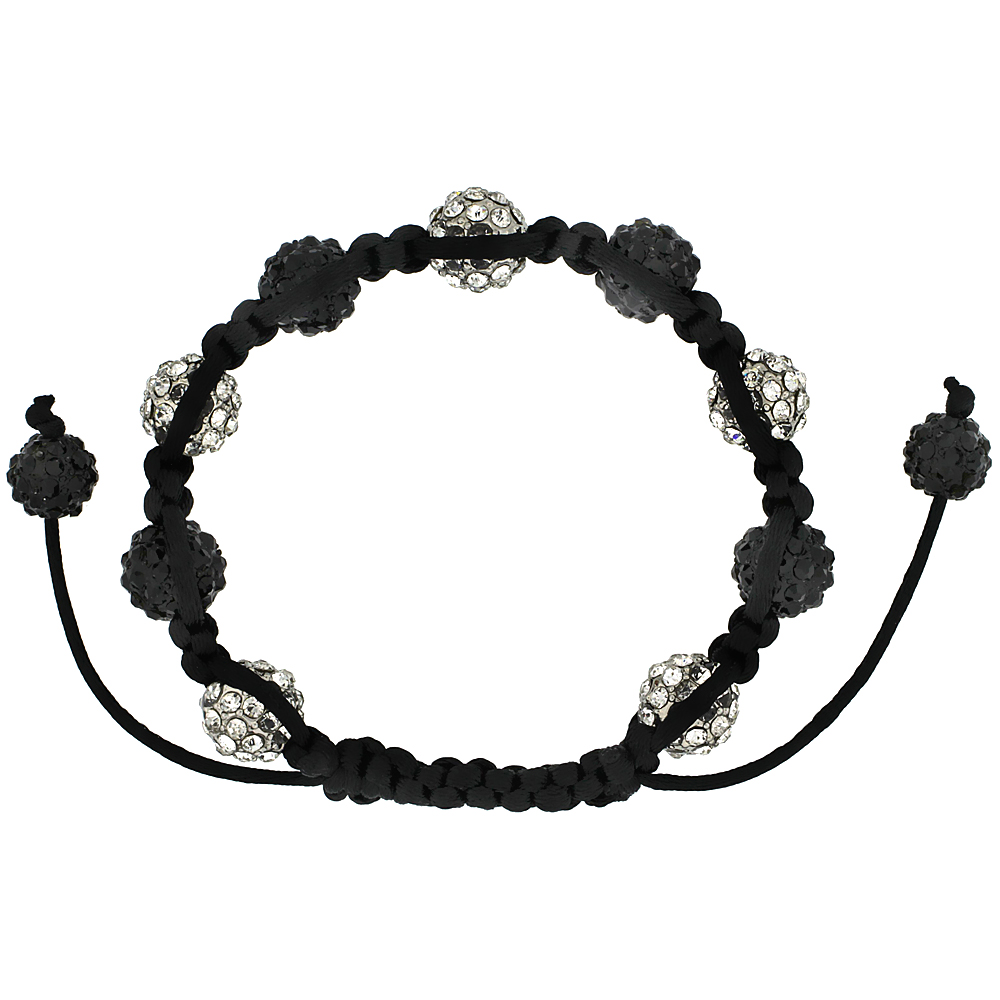 Black Crystal Disco Ball Adjustable Unisex Macrame Bead Bracelet w/ Hematite Beads, 3/8 in. (10 mm) wide
