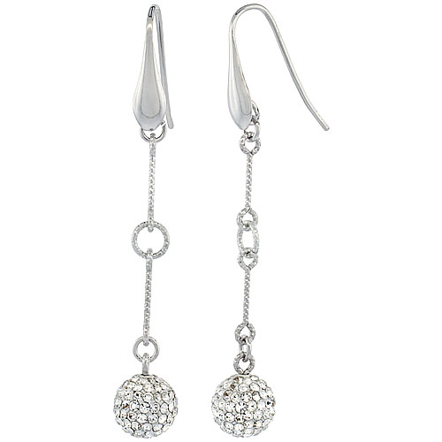 Sterling Silver Swarovski Crystal Ball Earrings, Dangling, Diamond Cut Tubing, 59mm (2 5/16 inch) long, Balls 10mm (3/8 inch) in diameter