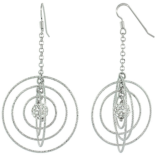 Sterling Silver Dangling Circles Earrings, 63mm (2 1/2 inch) long, Diamond Cut Tubing, Swarovski Crystal Ball Center, 8mm (1/4 inch) diameter