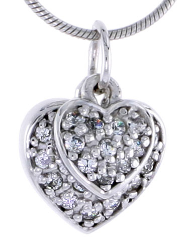 Sterling Silver Jeweled Heart Pendant, w/ CZ Stones, 1/2 in. (13 mm) tall