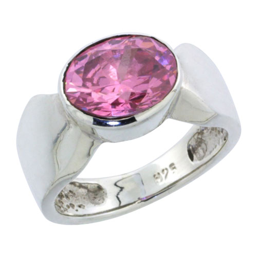Sterling Silver Oval Cubic Zirconia Ring, 10x8mm Pink Stone, 11/32 inch 