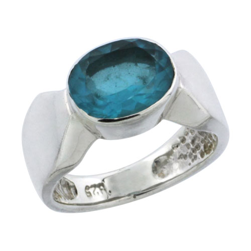 Sterling Silver Oval Cubic Zirconia Ring, 10x8mm London Blue Topaz Color Stone, 11/32 inch 
