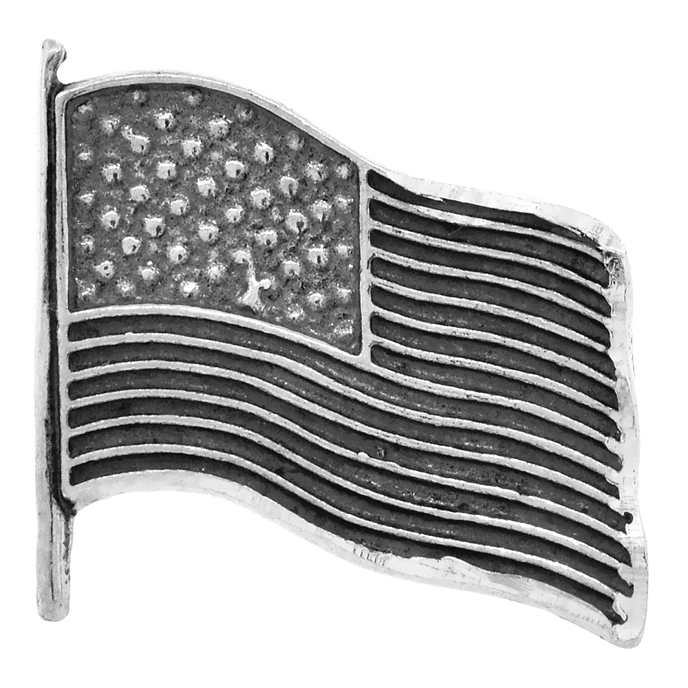 Sterling Silver United States Waving Flag Patriotic Pin Oxidized, 9/16 inch wide