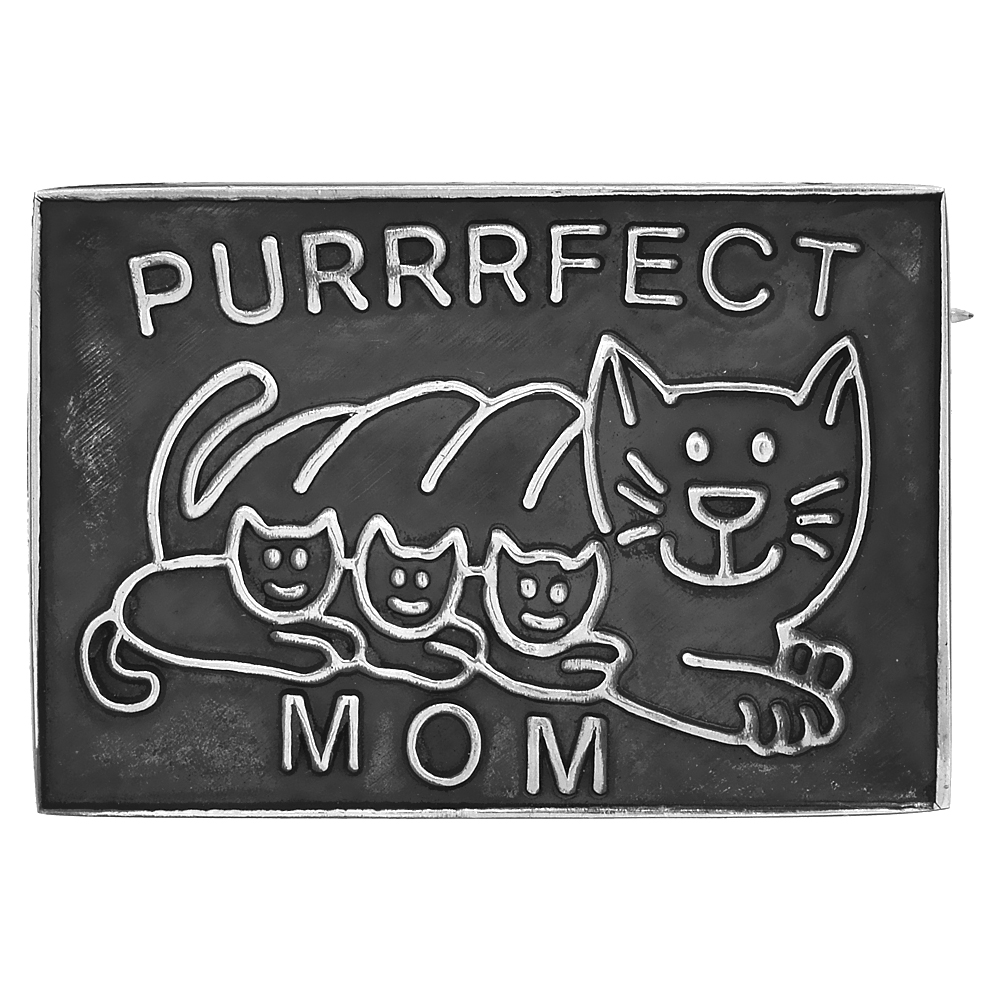 Sterling Silver Oxidized PURRRFECT MOM Brooch Pin, 1 1/2 wide