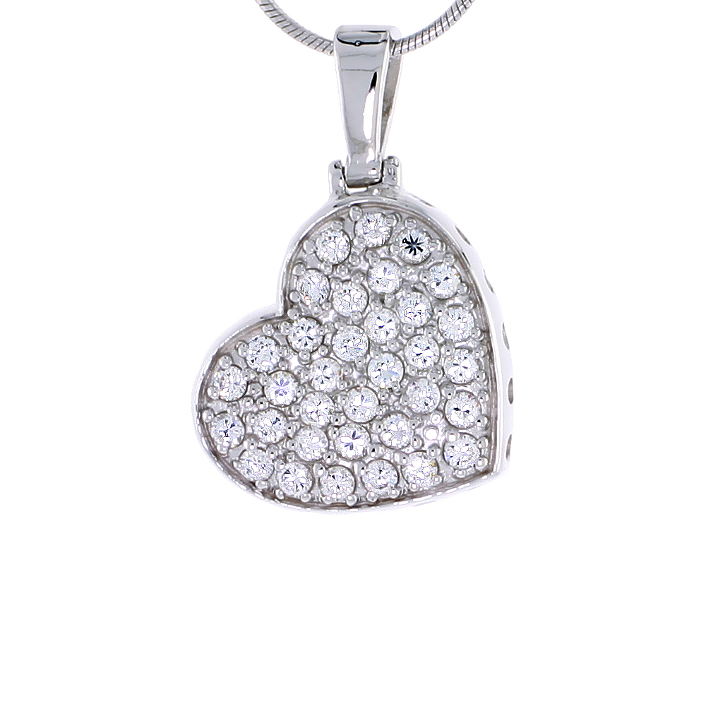 Sterling Silver Jeweled Heart Pendant, w/ Cubic Zirconia stones, 13/16" (21 mm) tall