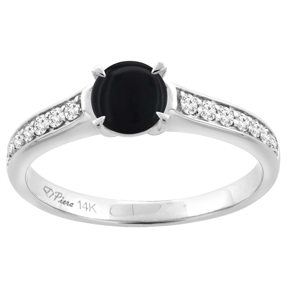14K White Gold Natural Black Onyx Engagement Ring Round 6 mm & Diamond Accents, sizes 5 - 10