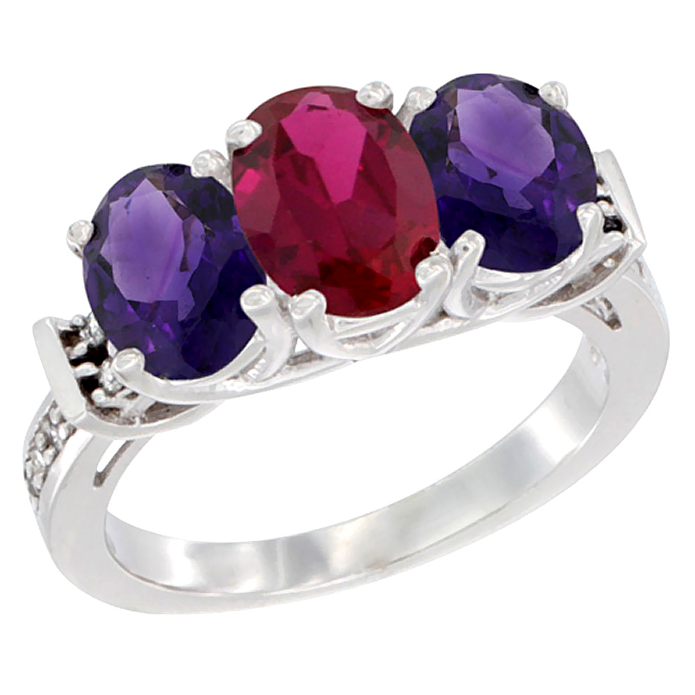 14K White Gold Natural High Quality Ruby & Amethyst Sides Ring 3-Stone Oval Diamond Accent, sizes 5 - 10