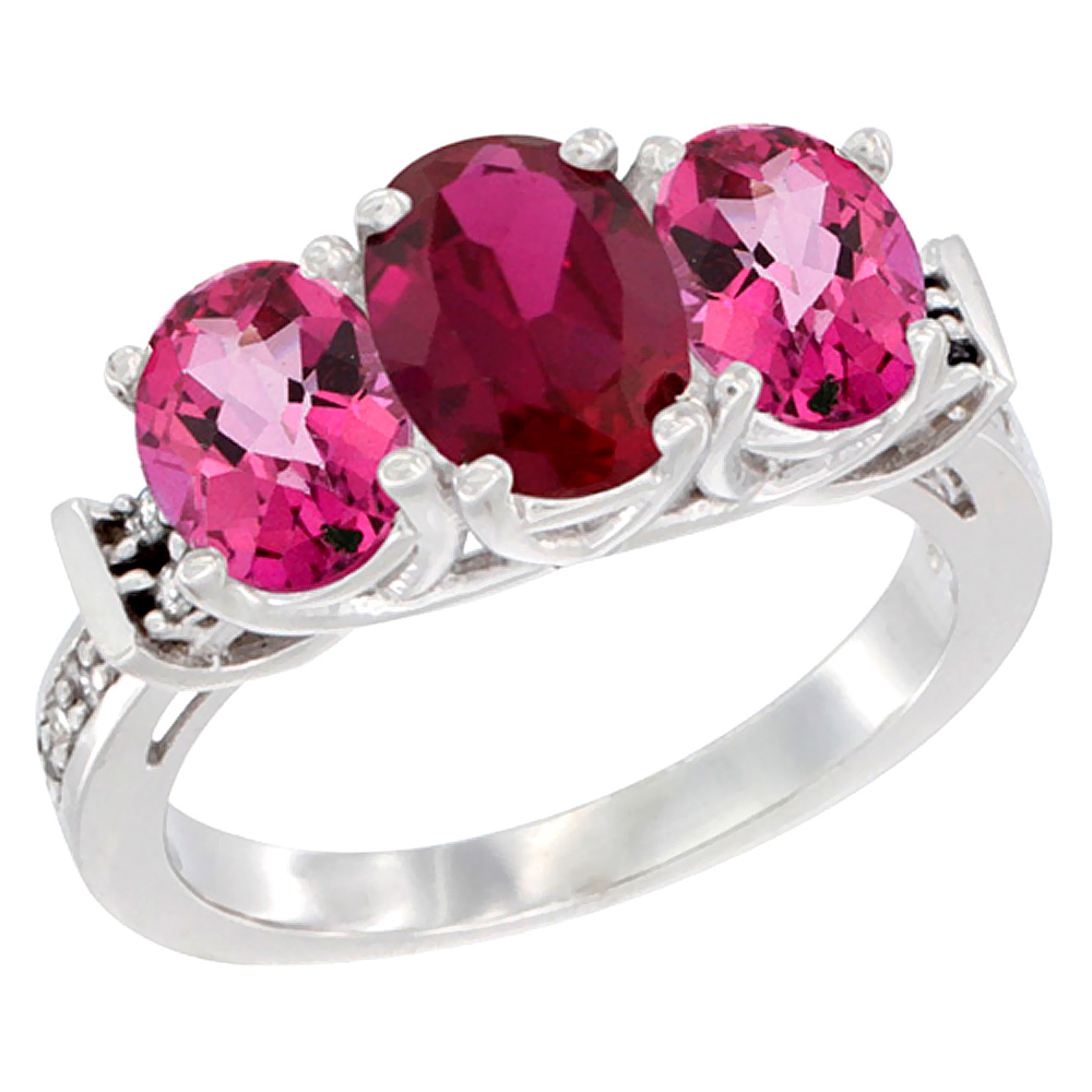 14K White Gold Natural High Quality Ruby & Pink Topaz Sides Ring 3-Stone Oval Diamond Accent, sizes 5 - 10