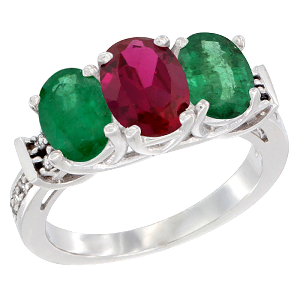 14K White Gold Natural High Quality Ruby & Emerald Sides Ring 3-Stone Oval Diamond Accent, sizes 5 - 10