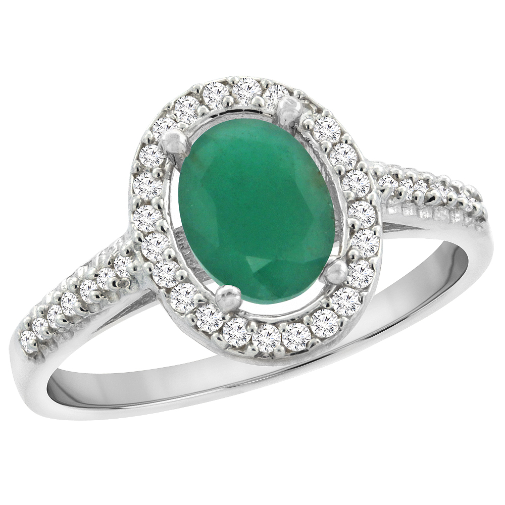 14K White Gold High Quality Emerald Ring Oval 8x6 mm Diamond Halo, sizes 5 - 10
