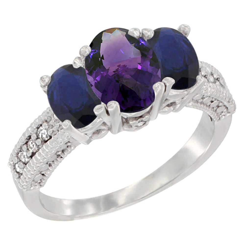 10K White Gold Ladies Oval Natural Amethyst Ring 3-stone with Blue Sapphire Sides Diamond Accent