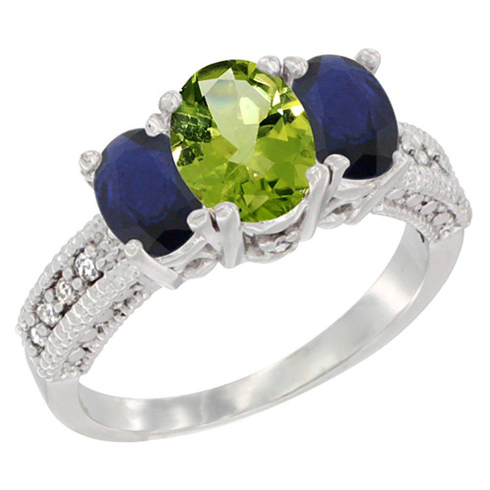 10K White Gold Ladies Oval Natural Peridot Ring 3-stone with Blue Sapphire Sides Diamond Accent