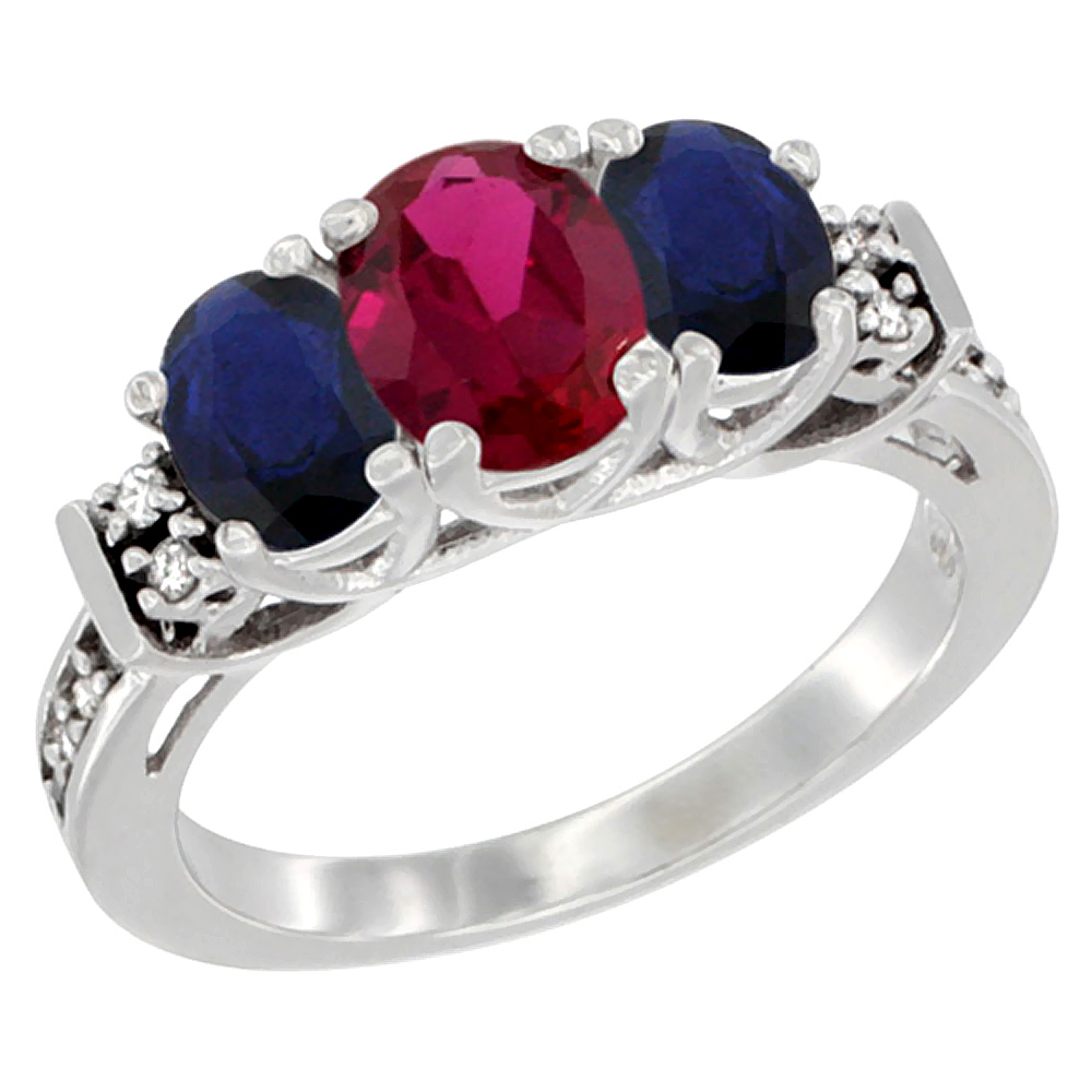 10K White Gold Natural High Quality Ruby & Blue Sapphire Ring 3-Stone Oval Diamond Accent