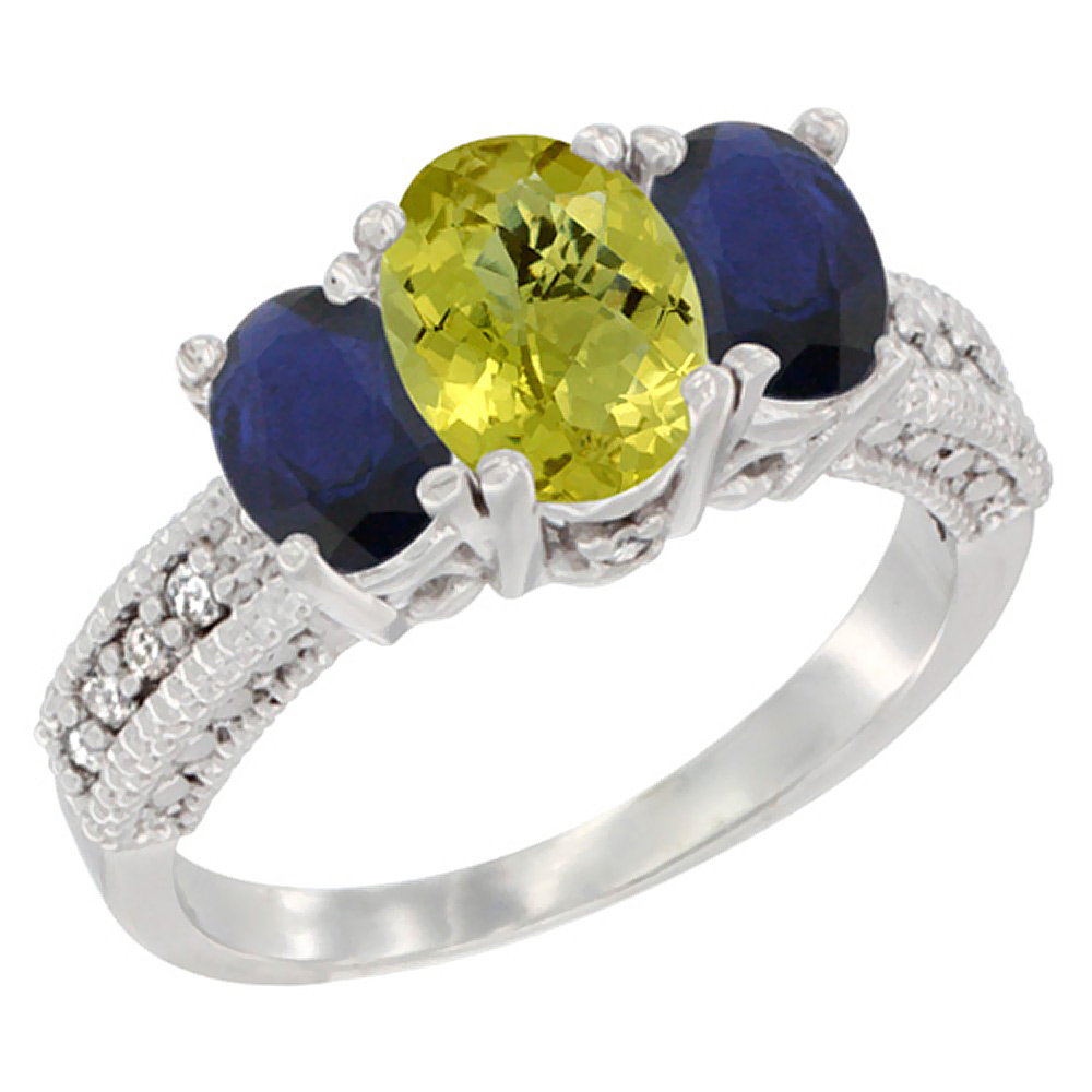 14k White Gold Ladies Oval Natural Lemon Quartz 3-Stone Ring with Blue Sapphire Sides Diamond Accent
