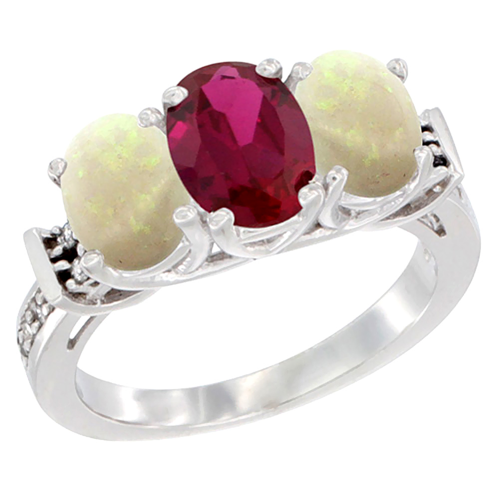 14K White Gold Natural High Quality Ruby & Opal Sides Ring 3-Stone Oval Diamond Accent, sizes 5 - 10