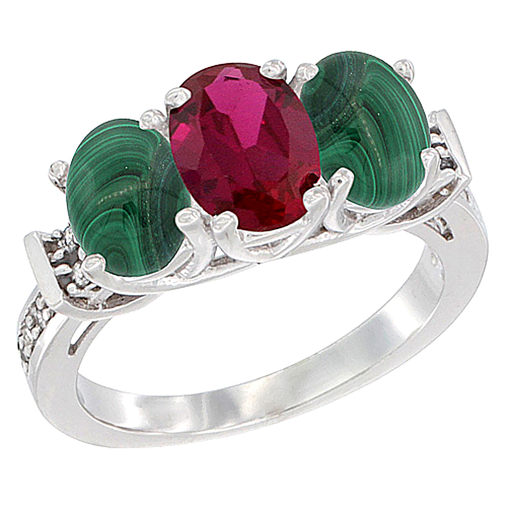 14K White Gold Natural High Quality Ruby & Malachite Sides Ring 3-Stone Oval Diamond Accent, sizes 5 - 10