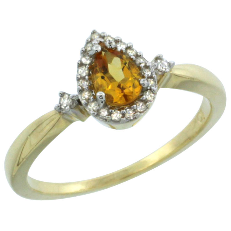 14k Yellow Gold Diamond Citrine Ring 0.33 ct Tear Drop 6x4 Stone 3/8 inch wide, sizes 5-10