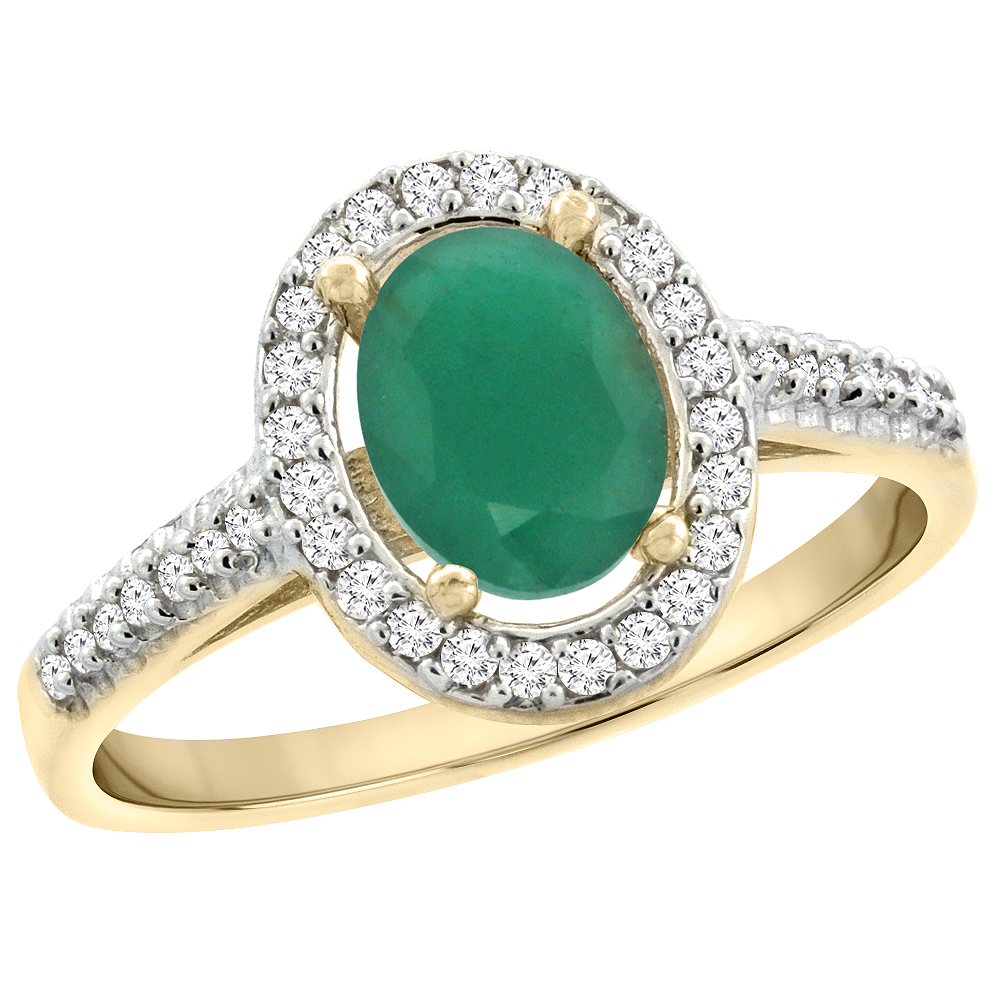 14K Yellow Gold High Quality Emerald Ring Oval 8x6 mm Diamond Halo, sizes 5 - 10