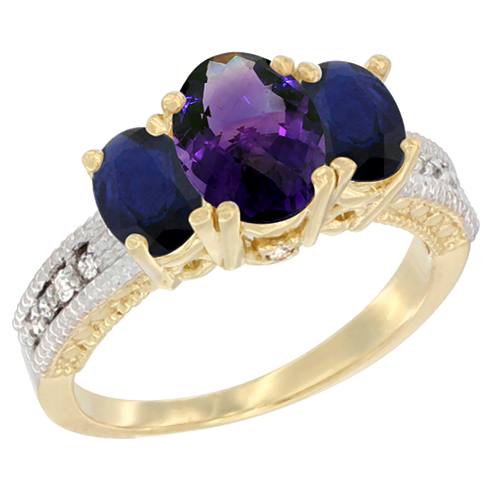 10K Yellow Gold Ladies Oval Natural Amethyst Ring 3-stone with Blue Sapphire Sides Diamond Accent