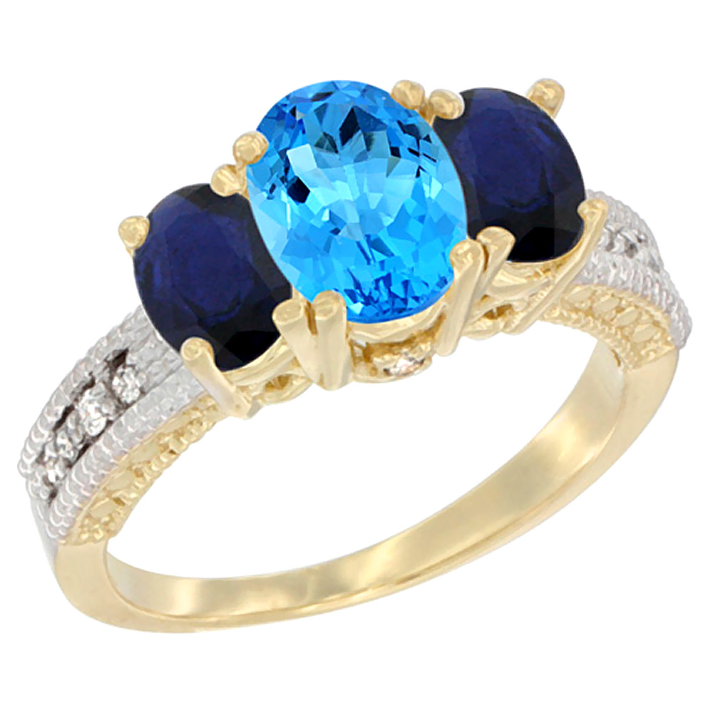 14k Yellow Gold Ladies Oval Natural Swiss Blue Topaz 3-Stone Ring with Blue Sapphire Sides Diamond Accent