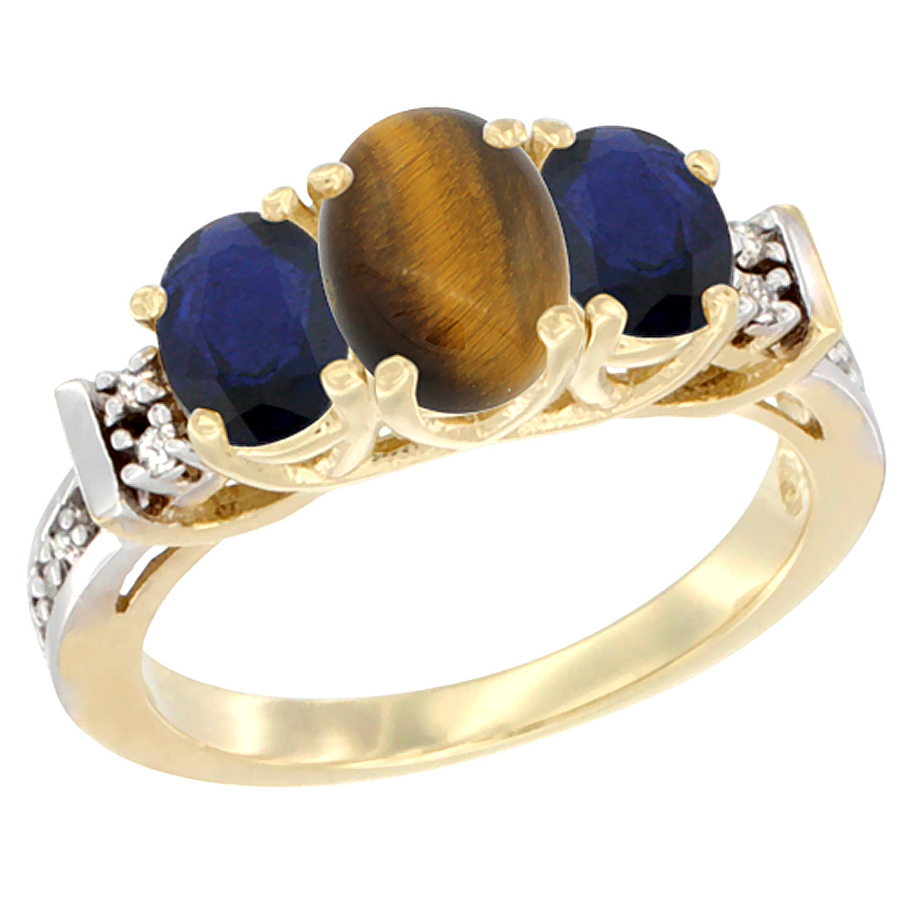 10K Yellow Gold Natural Tiger Eye & Blue Sapphire Ring 3-Stone Oval Diamond Accent
