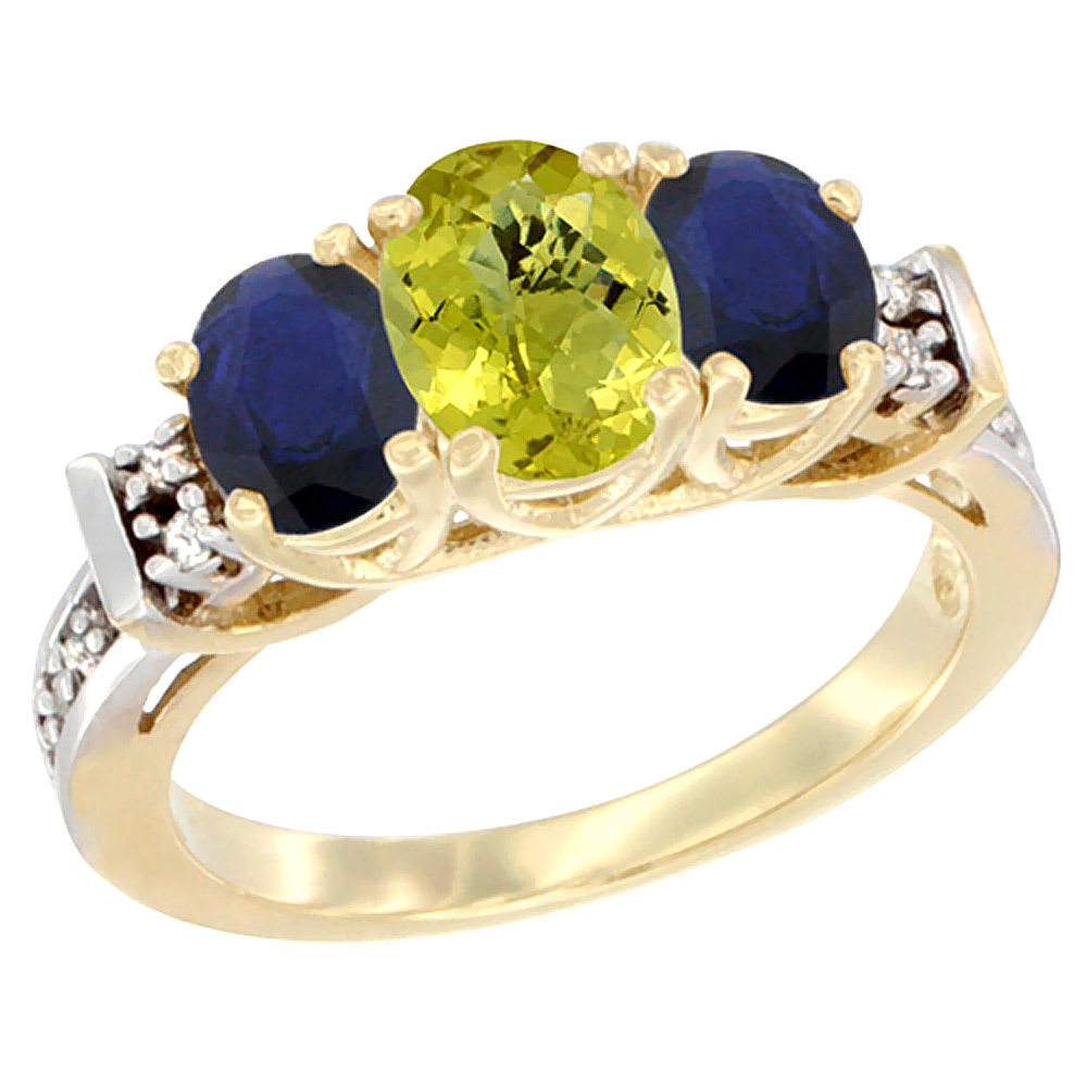 10K Yellow Gold Natural Lemon Quartz & Blue Sapphire Ring 3-Stone Oval Diamond Accent