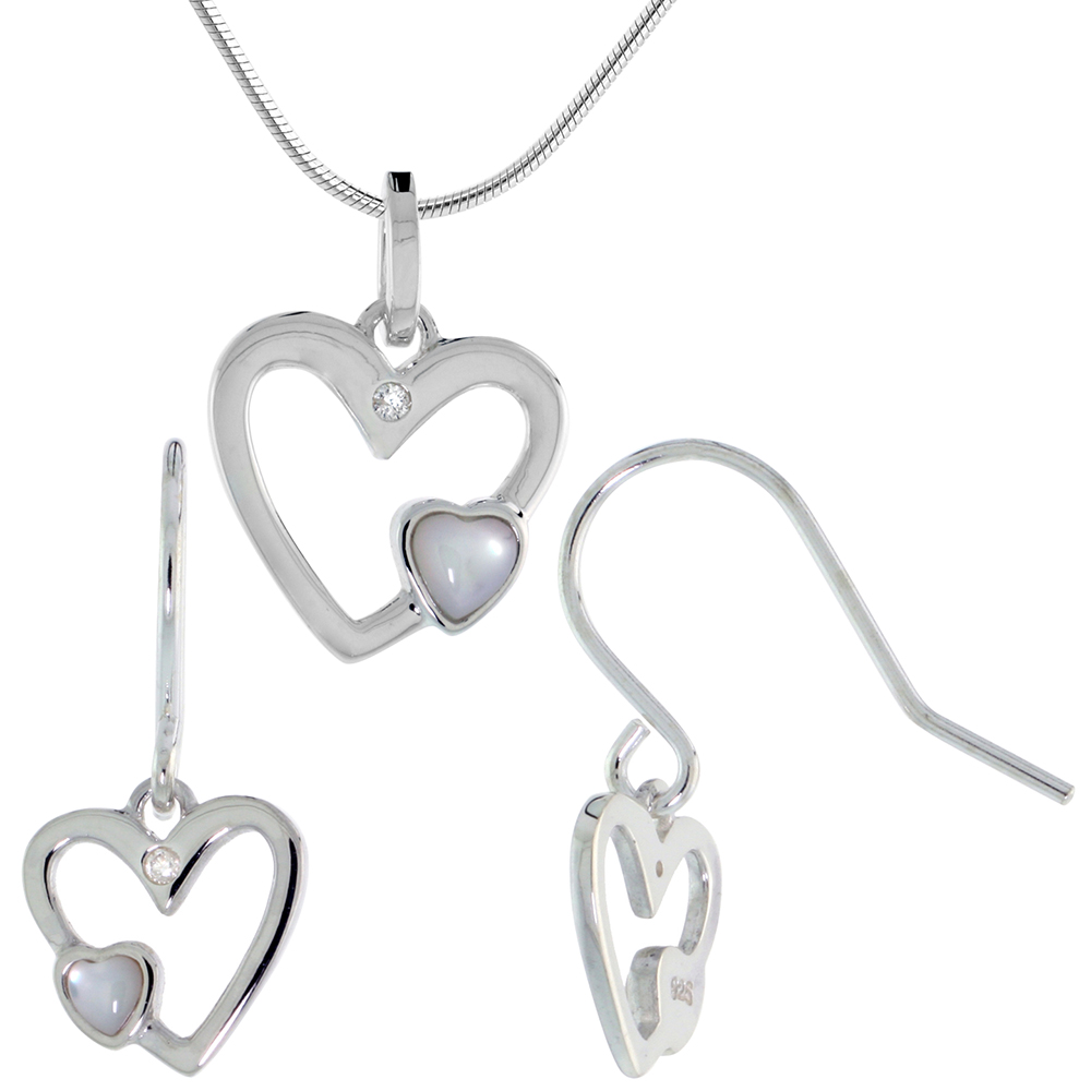 Dainty Sterling Silver Diamond Mother of Pearl Heart Earring Necklace Set with 18 inch RHB_20