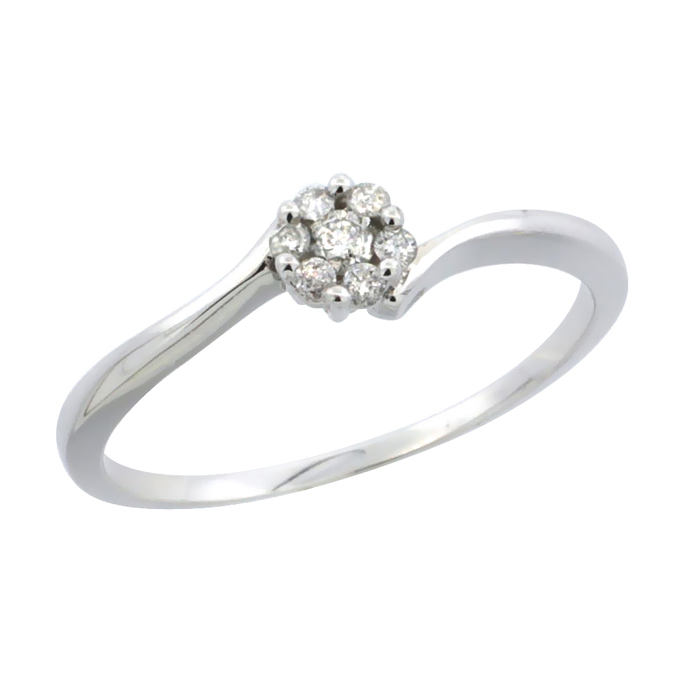 10k White Gold Flower Cluster Diamond Engagement Ring w/ 0.12 Carat Brilliant Cut Diamonds, 3/16 in. (4.5mm) wide