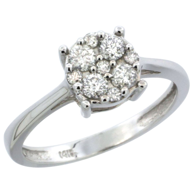 10k White Gold Round Cluster Diamond Engagement Ring w/ 0.37 Carat Brilliant Cut Diamonds, 9/32 in. (7.5mm) wide