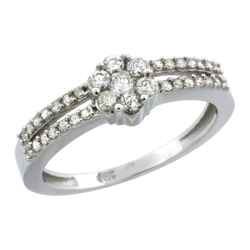 10k White Gold Flower Cluster Diamond Engagement Ring w/ 0.37 Carat Brilliant Cut Diamonds, 1/4 in. (6.5mm) wide