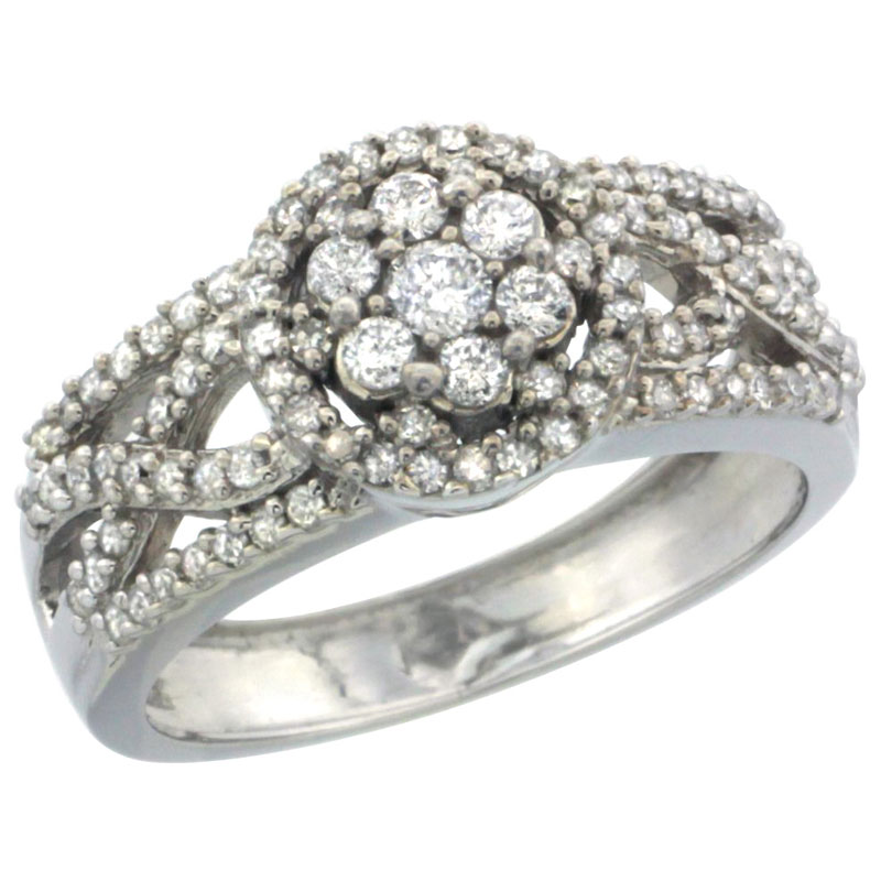 10k White Gold Floral Cluster Diamond Engagement Ring w/ 0.69 Carat Brilliant Cut Diamonds, 3/8 in. (10mm) wide