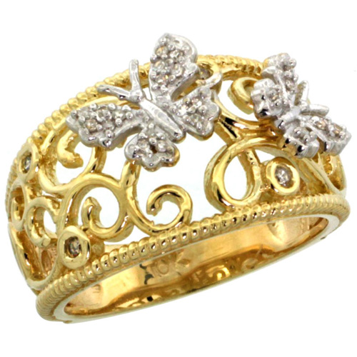10k Gold Butterfly & Swirls Diamond Ring w/ 0.11 Carat Brilliant Cut Diamonds, 7/16 in. (11.5mm) wide