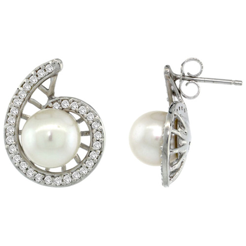 14k White Gold Swirl Pearl Earrings w/ 0.33 Carat Brilliant Cut ( H-I Color; VS2-SI1 Clarity ) Diamonds & 7mm White Pearls