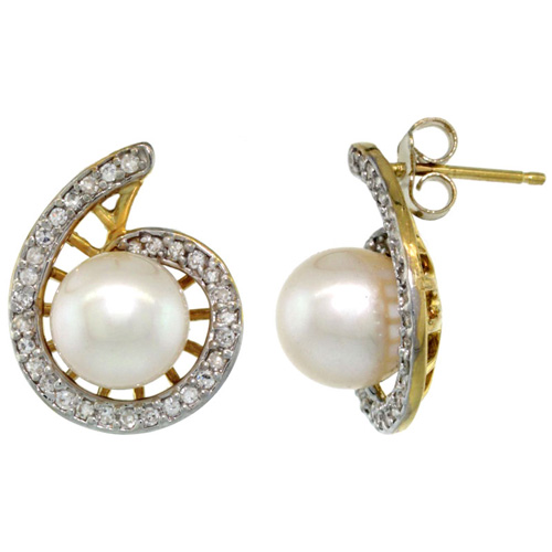 14k Gold Swirl Pearl Earrings w/ 0.33 Carat Brilliant Cut ( H-I Color; VS2-SI1 Clarity ) Diamonds & 7mm White Pearls