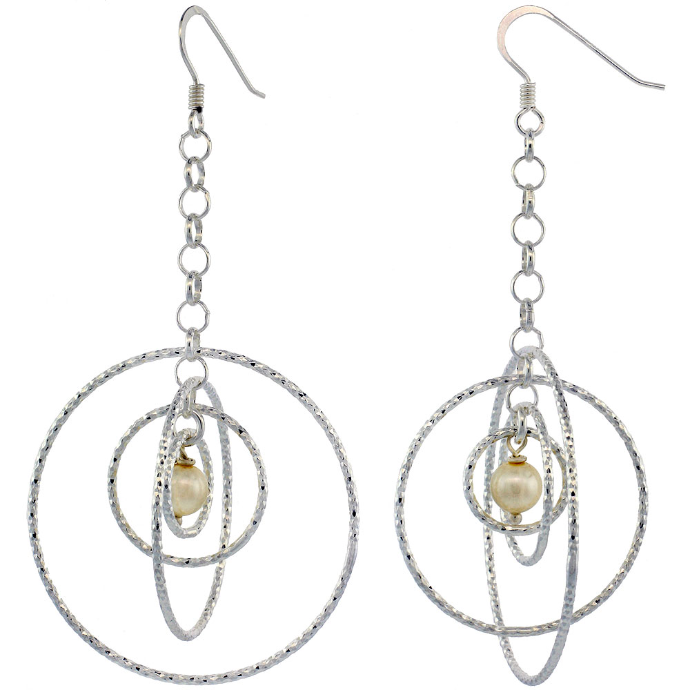 Sterling Silver Dangling Circles Earrings, 69mm (2 3/4 inch) long, Diamond Cut Tubing, Swarovski Cream Pearl Center
