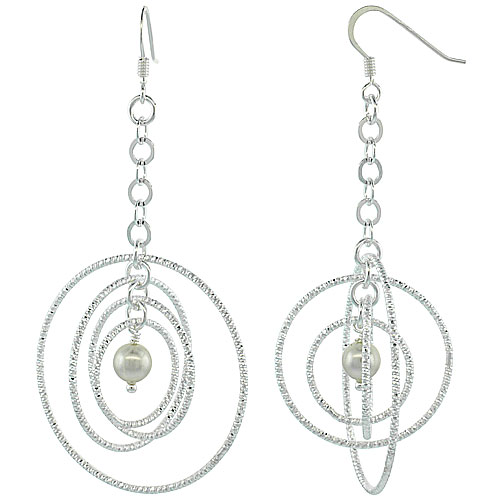 Sterling Silver Dangling Circles Earrings, 69mm (2 3/4 inch) long, Diamond Cut Tubing, Swarovski White Pearl Center