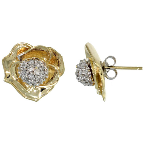 14k Gold Rose Flower Earrings w/ 0.40 Carat Brilliant Cut ( H-I Color; VS2-SI1 Clarity ) Diamonds