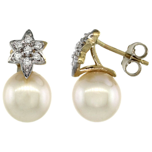 14k Gold Flower Pearl Earrings w/ 0.14 Carat Brilliant Cut ( H-I Color; VS2-SI1 Clarity ) Diamonds & 8mm White Pearls