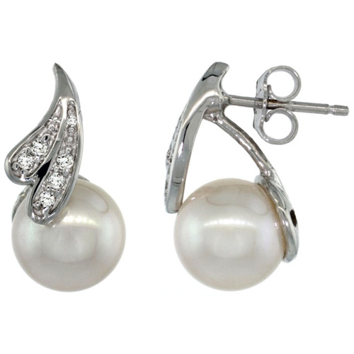 14k White Gold Ribbon Lace Pearl Earrings w/ 0.06 Carat Brilliant Cut ( H-I Color; VS2-SI1 Clarity ) Diamonds & 7mm White Pearls