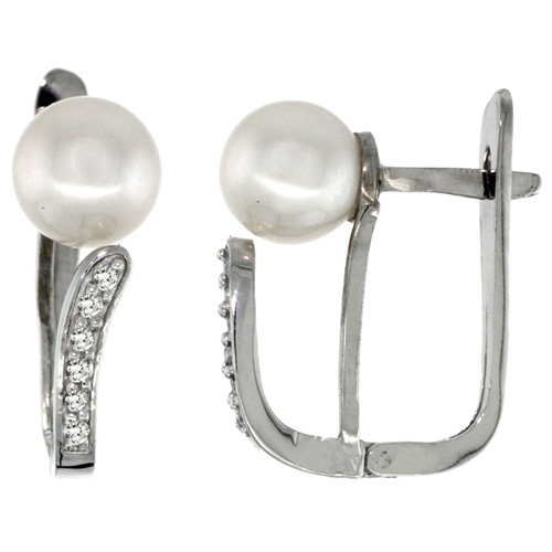14k White Gold Pearl Earrings w/ 0.13 Carat Brilliant Cut ( H-I Color; VS2-SI1 Clarity ) Diamonds & 7mm White Pearls