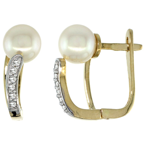 14k Gold Pearl Earrings w/ 0.13 Carat Brilliant Cut ( H-I Color; VS2-SI1 Clarity ) Diamonds & 7mm White Pearls