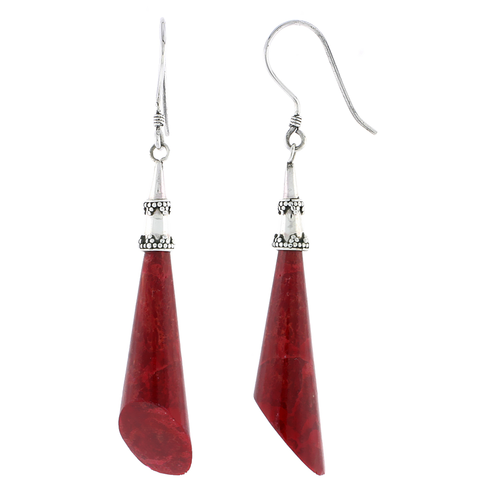 Sterling Silver Natural Coral Elliptical Cone Shape Dangle Earrings 1 9/16 inches long