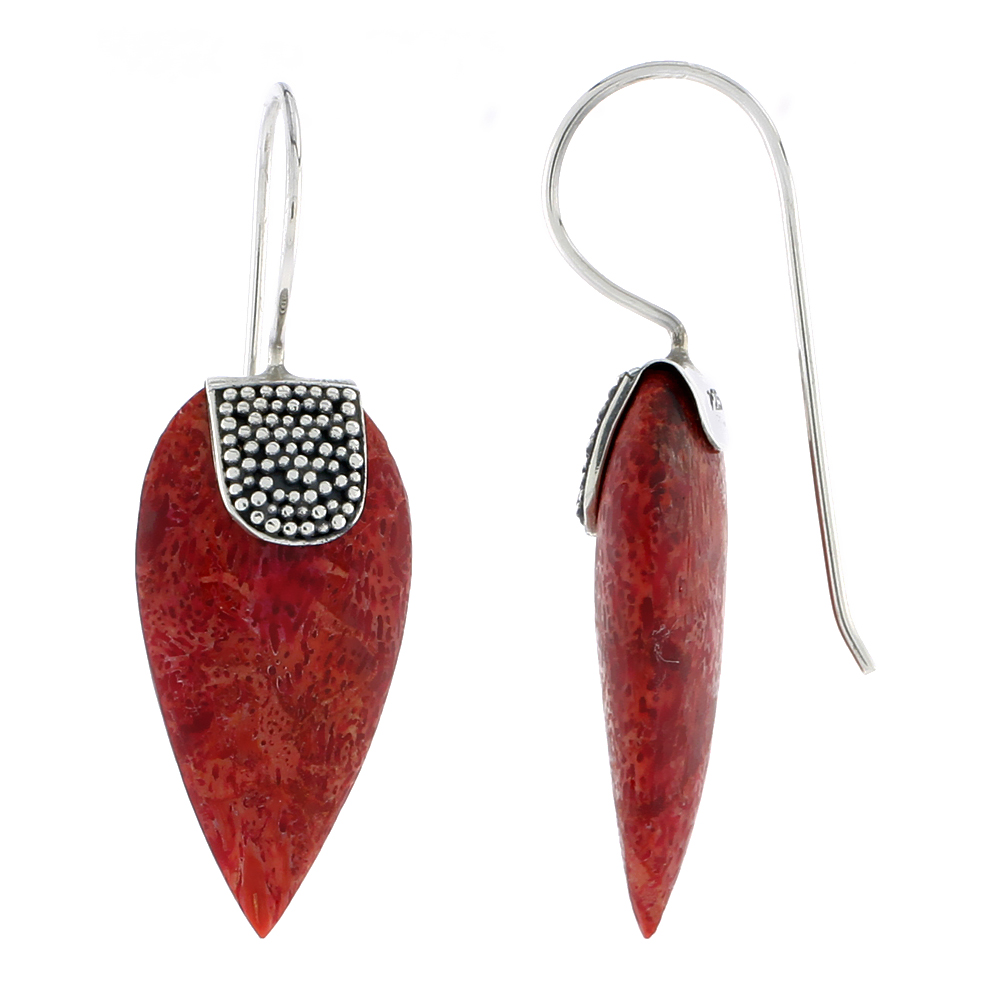 Sterling Silver Natural Coral Pear Shape Earrings 1 inch long