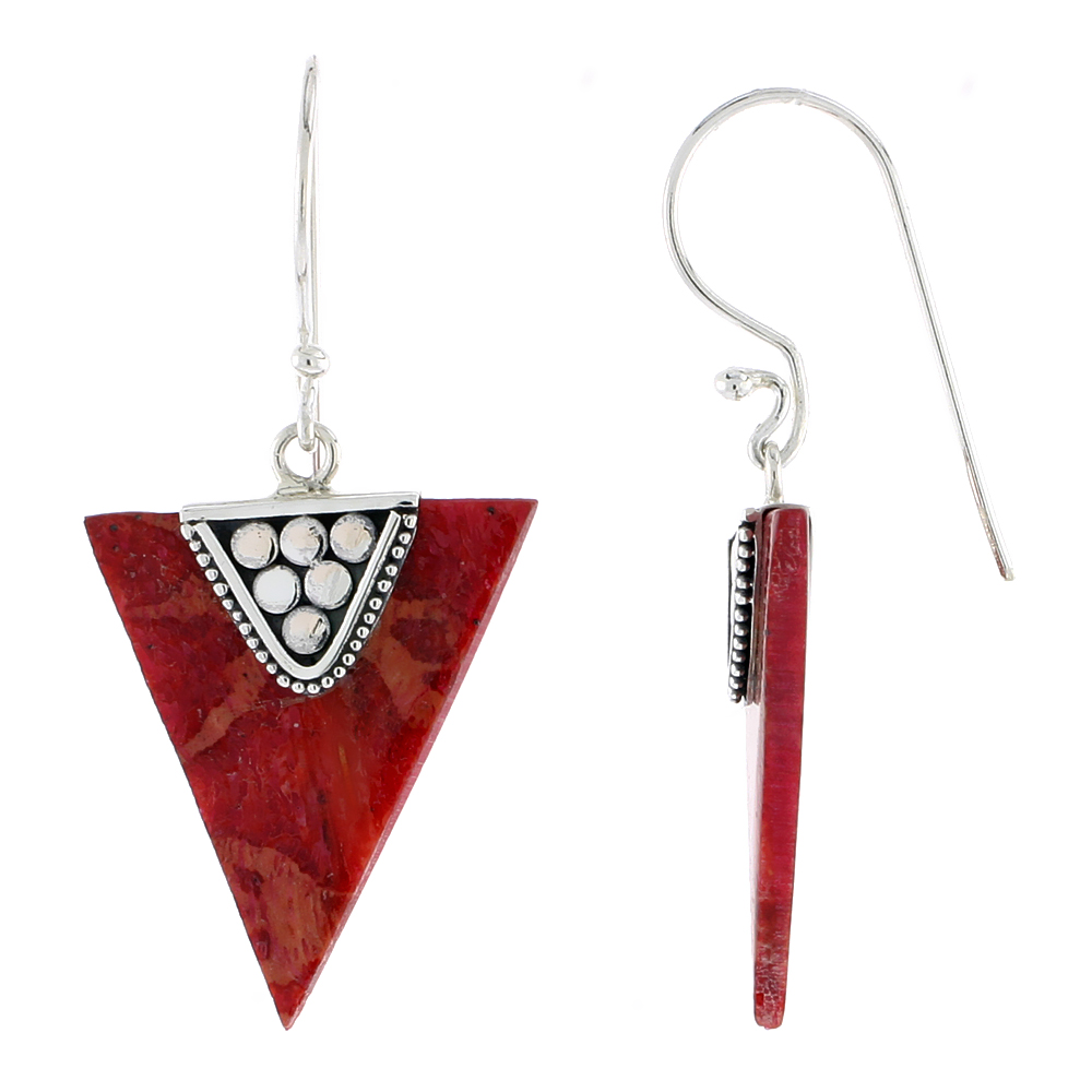 Sterling Silver Natural Coral Triangular Shape Dangle Earrings 7/8 inches long