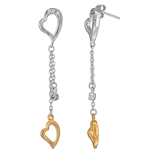 Sterling Silver Heart Dangling CZ Earrings Yellow Gold Accent, 2 1/8 inch long