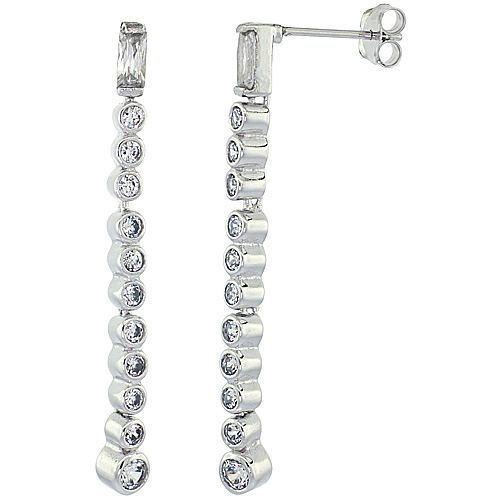 Sterling Silver Multiple CZ Stone Dangling Earrings Bezel Set, 1 3/4 inch long