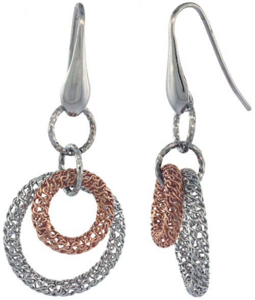 Sterling Silver Italian Filigree Wire Mandala Earrings Diamond Cut Rose Gold Finish, 2 inches long