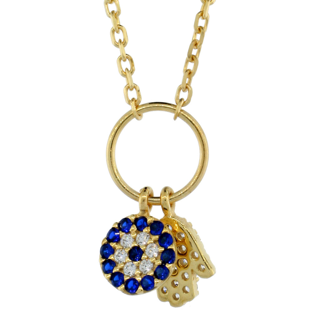 Sterling Silver Cubic Zirconia Evil Eye & Hamsa Charm Necklace Gold Plated 16 inch Necklace