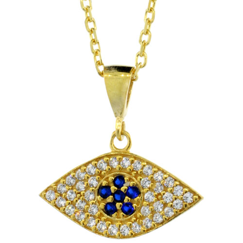 Sterling Silver Cubic Zirconia Evil Eye Necklace Gold Plated 17 inch Necklace 3/4 inch (20 mm)