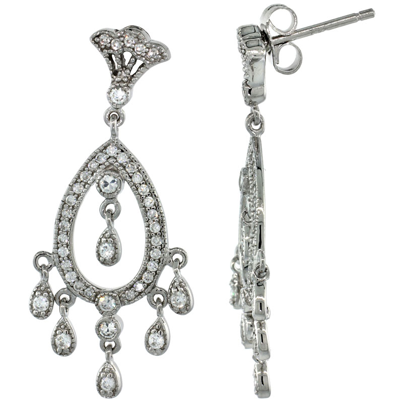 Sterling Silver Teardrop Cut Out Dangle Chandelier Earrings w/ Brilliant Cut CZ Stones, 1 3/8 in. (34 mm) tall